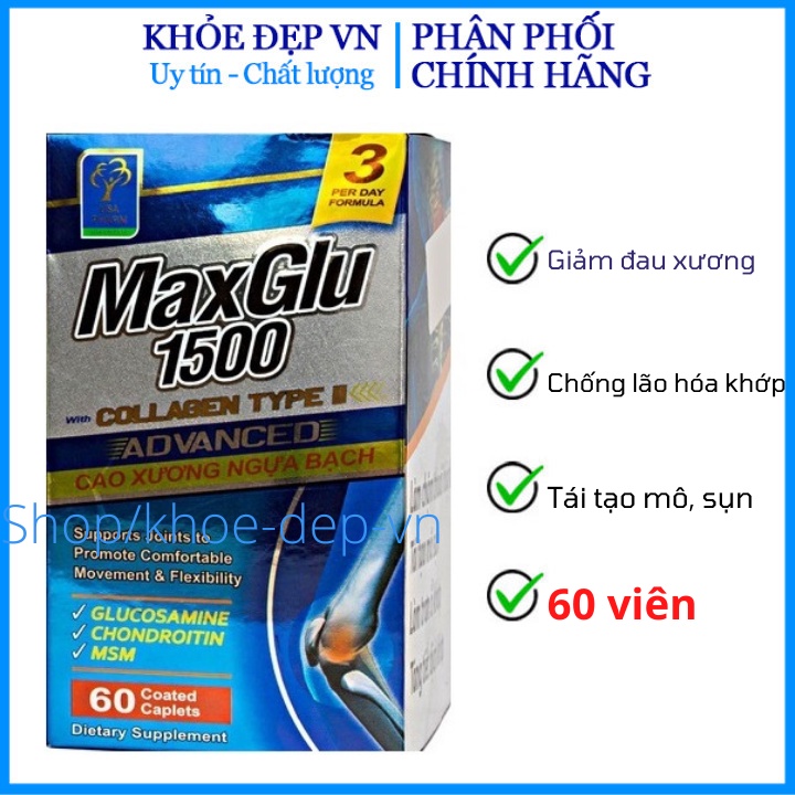 Viên uống xương khớp Maxglu 1500 ngăn ngừa thóa hóa xương khớp, giảm đau xương khớp - Lọ 60 viên