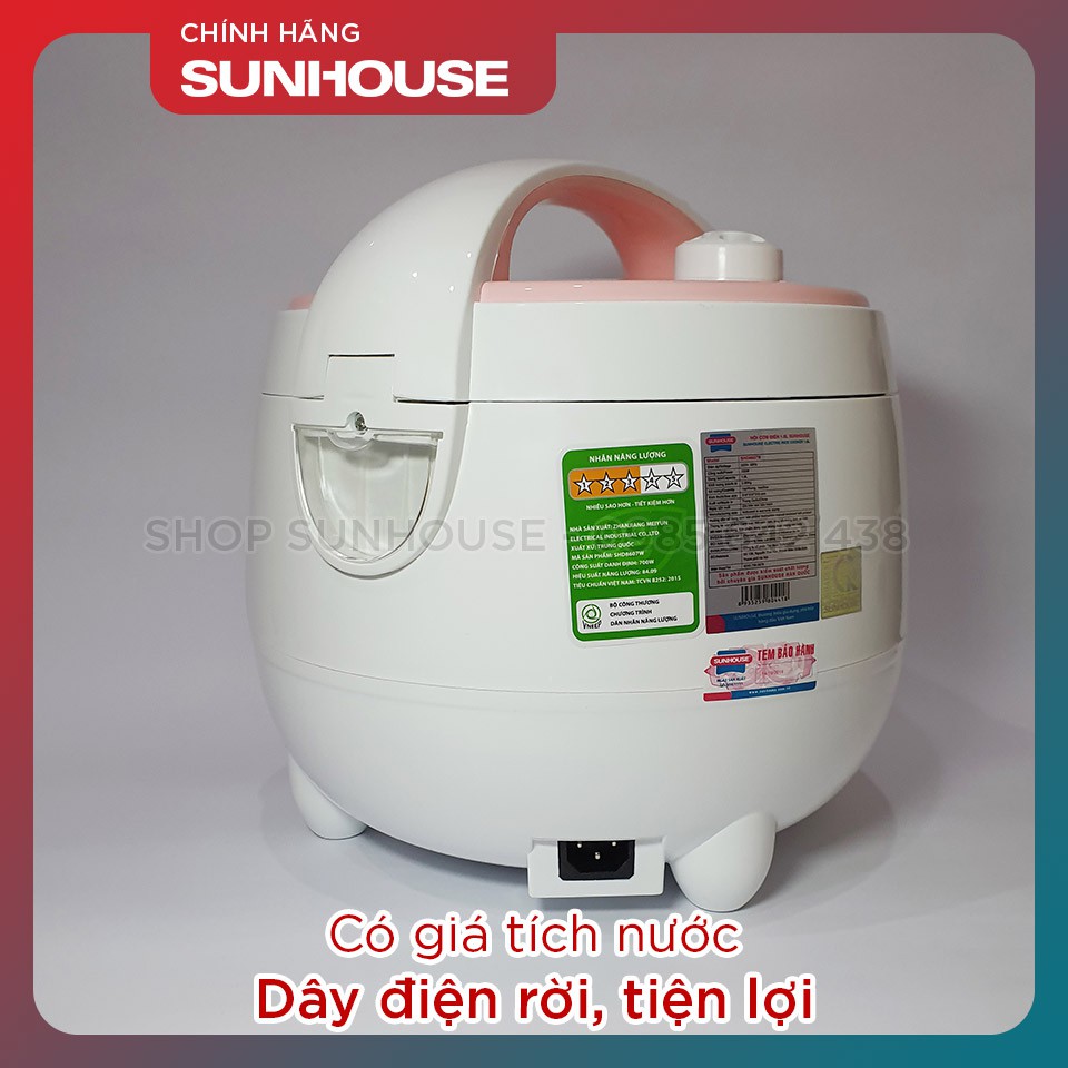 Nồi cơm điện SUNHOUSE 1.2L SHD8217W vỏ nhựa PP siêu bền | BigBuy360 - bigbuy360.vn