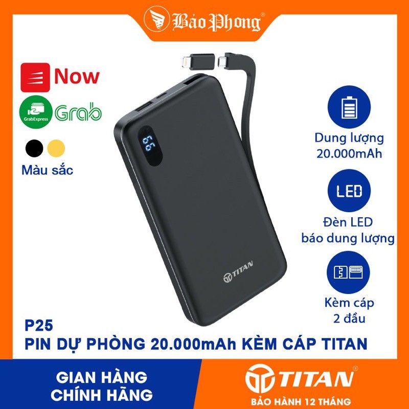 Pin dự phòng vỏ nhôm 20.000mah kèm cáp TITAN P25 Hàng chính hãng