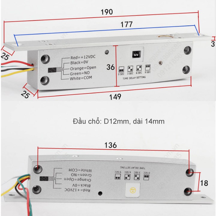 Khóa chốt cửa điện từ loại thường khóa 12V 5 dây, có độ trễ 0-3-6-9 giây