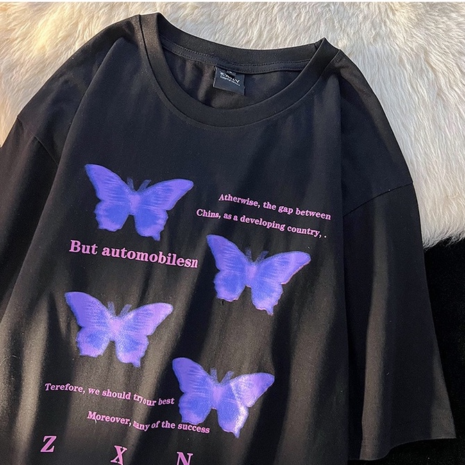 Áo thun ZHELIHANGFEI tay ngắn cổ tròn dáng rộng in hình bướm dễ phối đồ