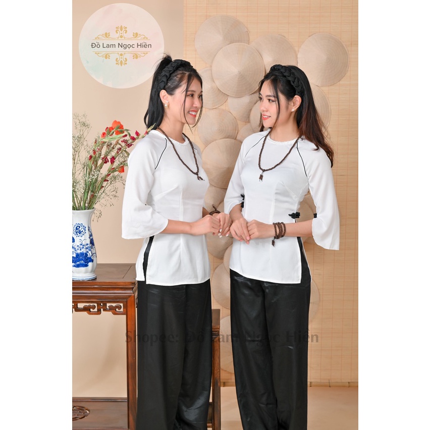 Mẫu Đồ Lam Đi Chùa Nữ Mới Nhất Trắng Viền Xanh Loang Đẹp, Đủ Size,Vải Tầm Hàn