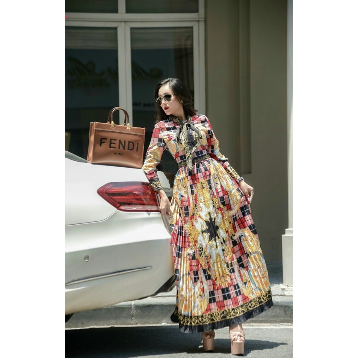 Đầm xòe lụa trung niên dài tay dự tiệc - Mua váy xòe dáng dài đẹp