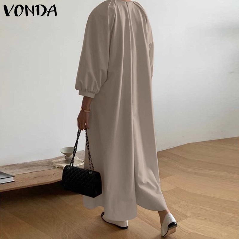 Đầm VONDA dáng dài cổ tròn tay lỡ xếp ly màu trơn phong cách Hàn Quốc thường ngày cho nữ