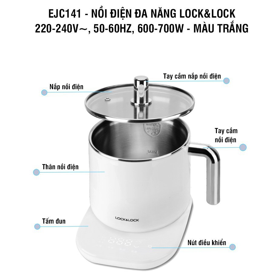 Nồi điện đa năng Lock&amp;Lock 1,5L EJC141 - Hàng chính hãng, có thể dùng nồi nấu lẩu, nấu mì, nấu nước, hâm nóng - JoyMall