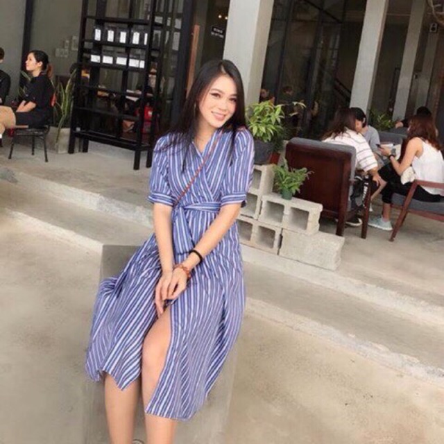 Đầm sọc đắp chéo cột nơ eo