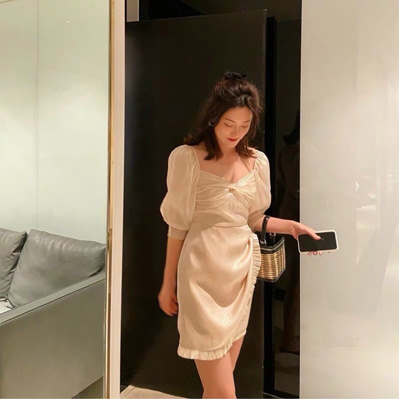 Đầm nude xoắn ngực tà đắp chéo phối bèo có ánh nhũ đi tiệc