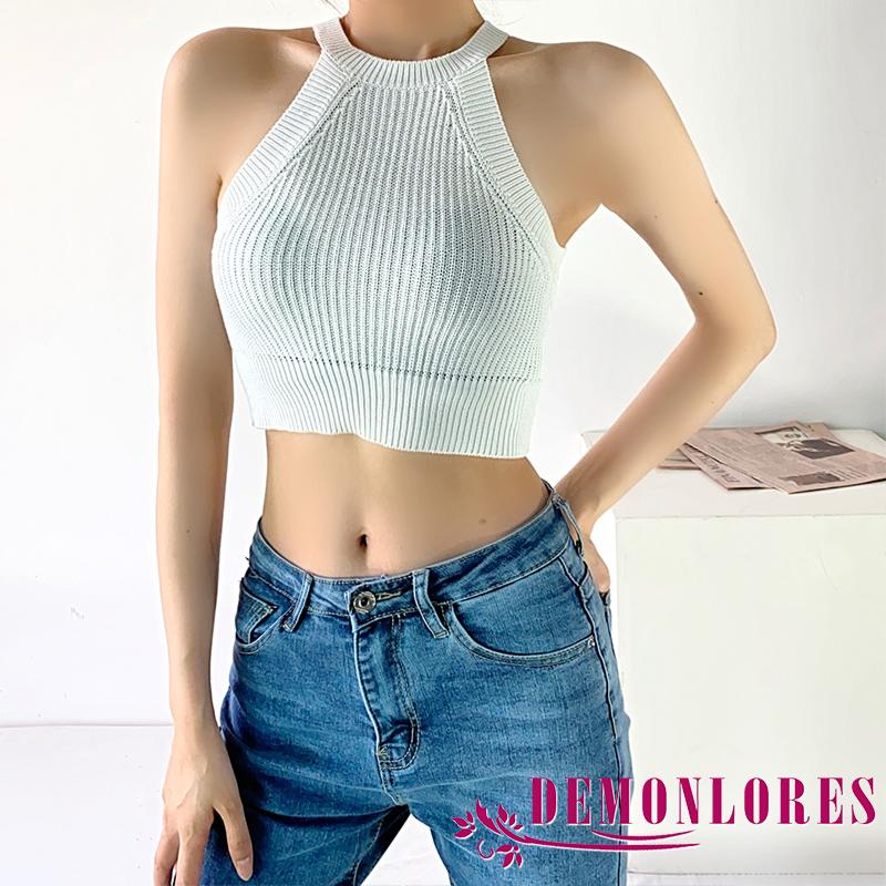 Áo Croptop Dệt Kim Không Tay Màu Trơn Ôm Dáng Quyến Rũ Cho Nữ