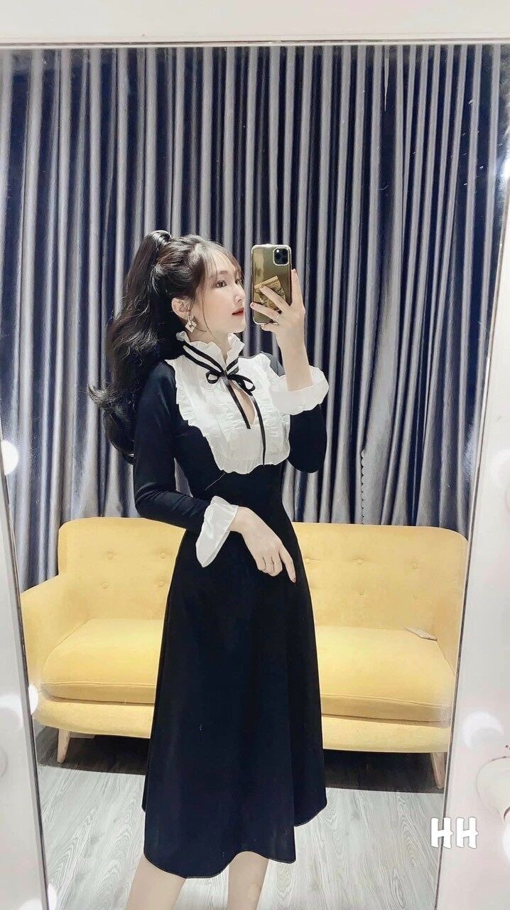 Váy xòe pha bèo cổ nơ hàng đẹp