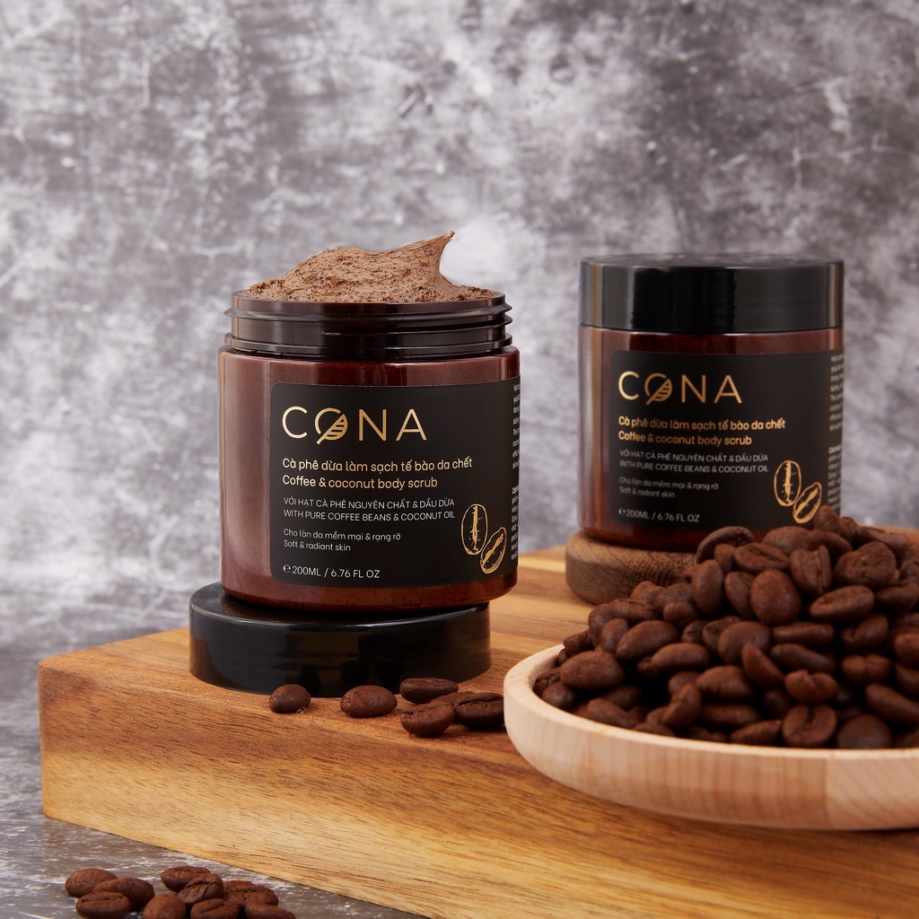 Cà phê dừa làm sạch tết bào da chết body Cona Coffee &amp; Coconut Body Scrub 200ml