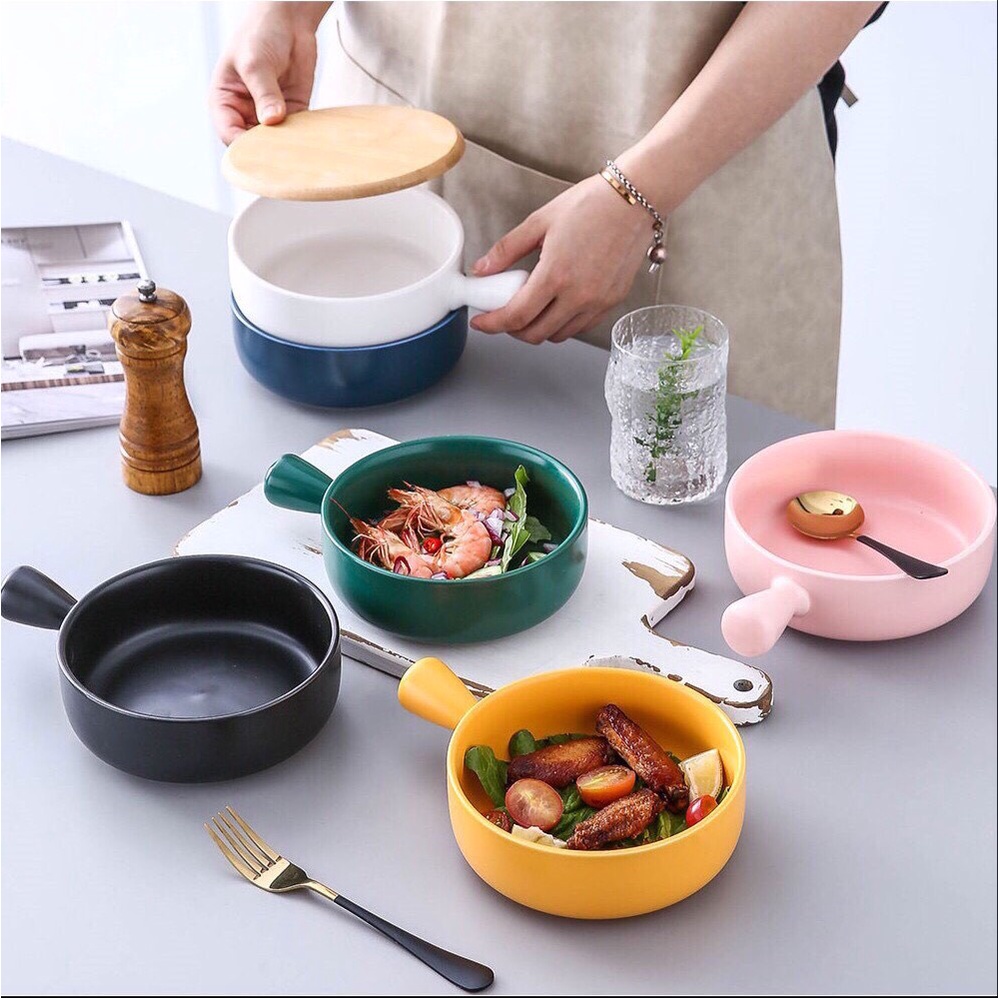Bát Sứ Có Tay Cầm - Thố Sứ Cao Cấp Đường Kính 15cm Hàng Loại 1 Dùng Được Lò Vi Sóng, Lò Nướng