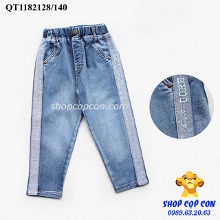 Quần jean dài lưng thun phối sọc cho bé trai từ 14-45kg