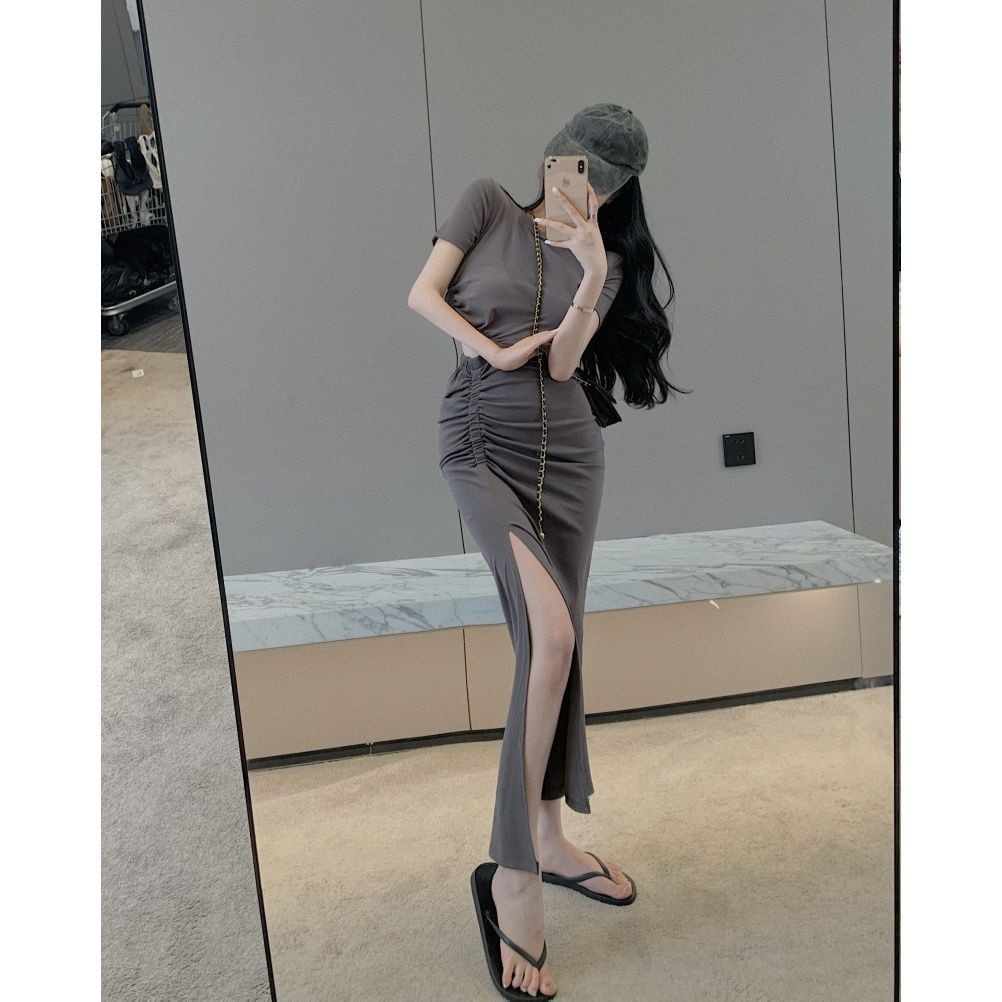 Đầm dài xẻ tà nhấn eo độc đáo thiết kế xếp ly phong cách Hàn Quốc thời trang mùa hè cho nữ 2021