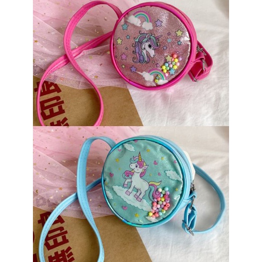 Túi đeo chéo hình tròn hoạt hình ngựa pony unicorn dễ thương cho bé gái