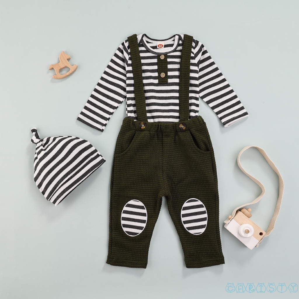 Set 3 món áo liền quần tay dài kẻ sọc + quần yếm + mũ thời trang cho bé trai