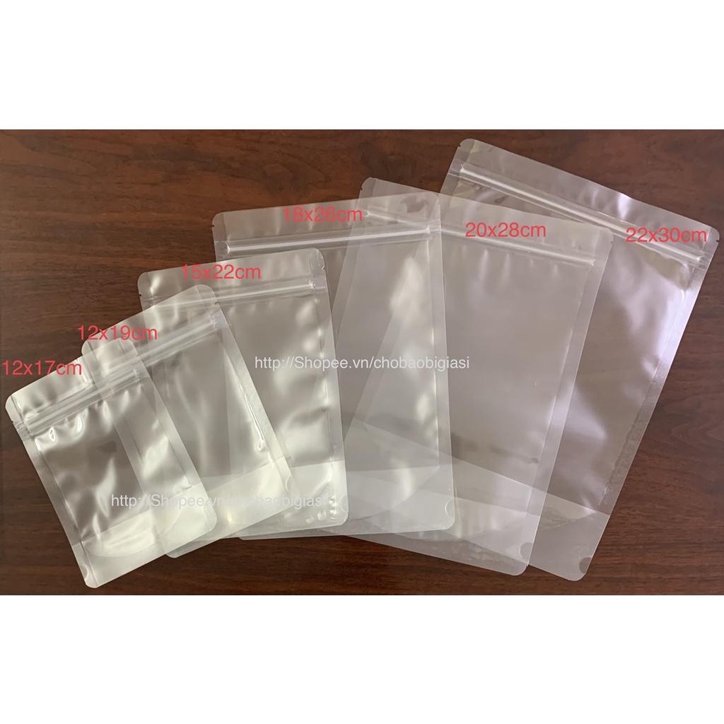 Túi zipper đáy đứng 2 mặt trong đựng bột, đựng hạt, đựng trái cây sấy có sẵn đủ size