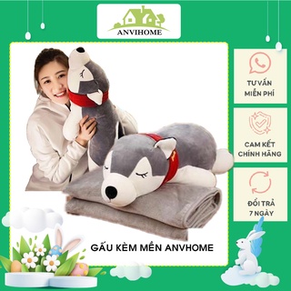 Bộ chăn gối văn phòng gấu bông có mền hình Chó Husky chó ngáo moca chó điên nằm ngủ ANVIHOME