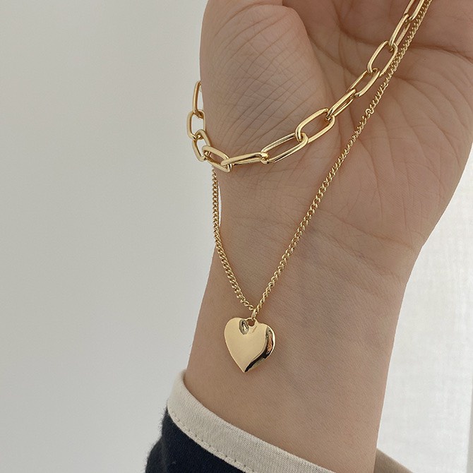 Vòng cổ cá tính, choker đôi xen dây chuyển tim 2 màu Vàng Bạc, phong cách độc đáo, hip hop