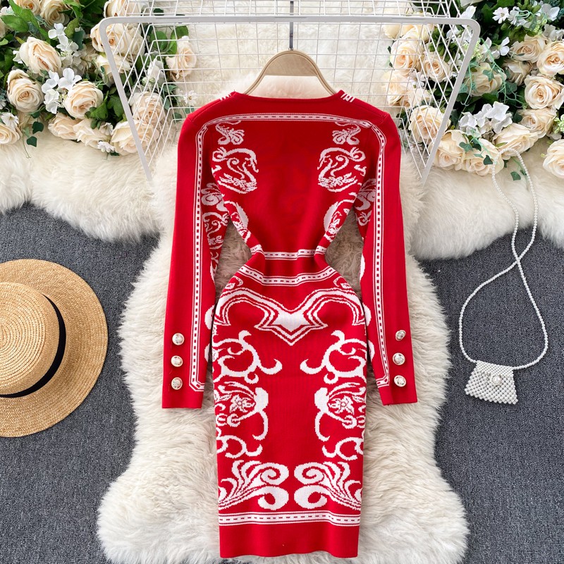 Đầm len body họa tiết váy len ôm dánh thanh lịch cổ V