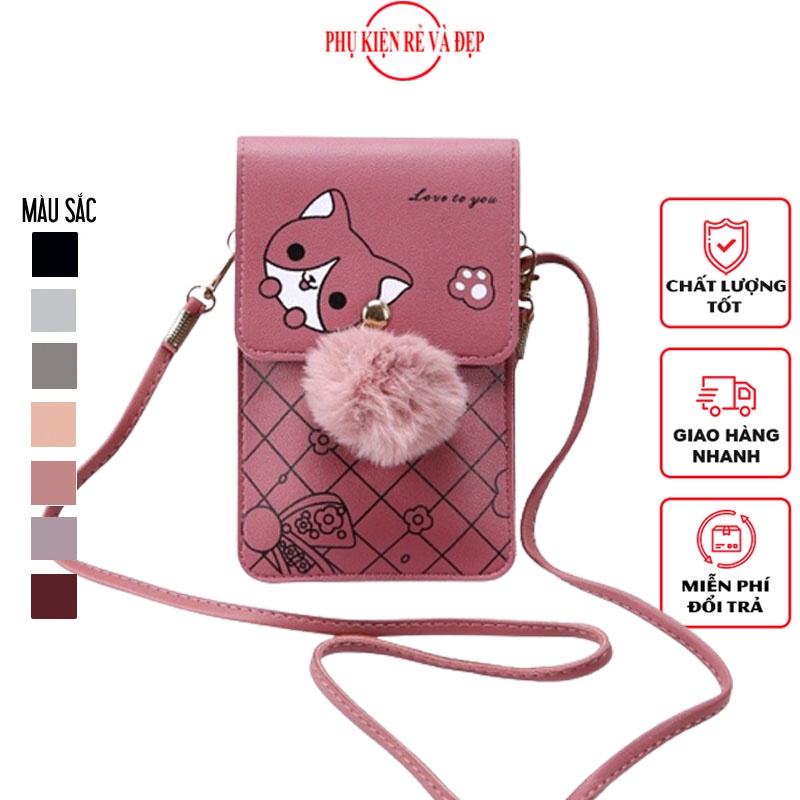 [7 MÀU] Túi Đựng Điện Thoại Đeo Chéo Mini 2 Ngăn Hình Mèo Con Có Quả Bông