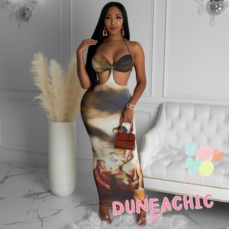 Đầm Dây Hở Lưng In Họa Tiết Thời Trang Quyến Rũ Cho Nữ