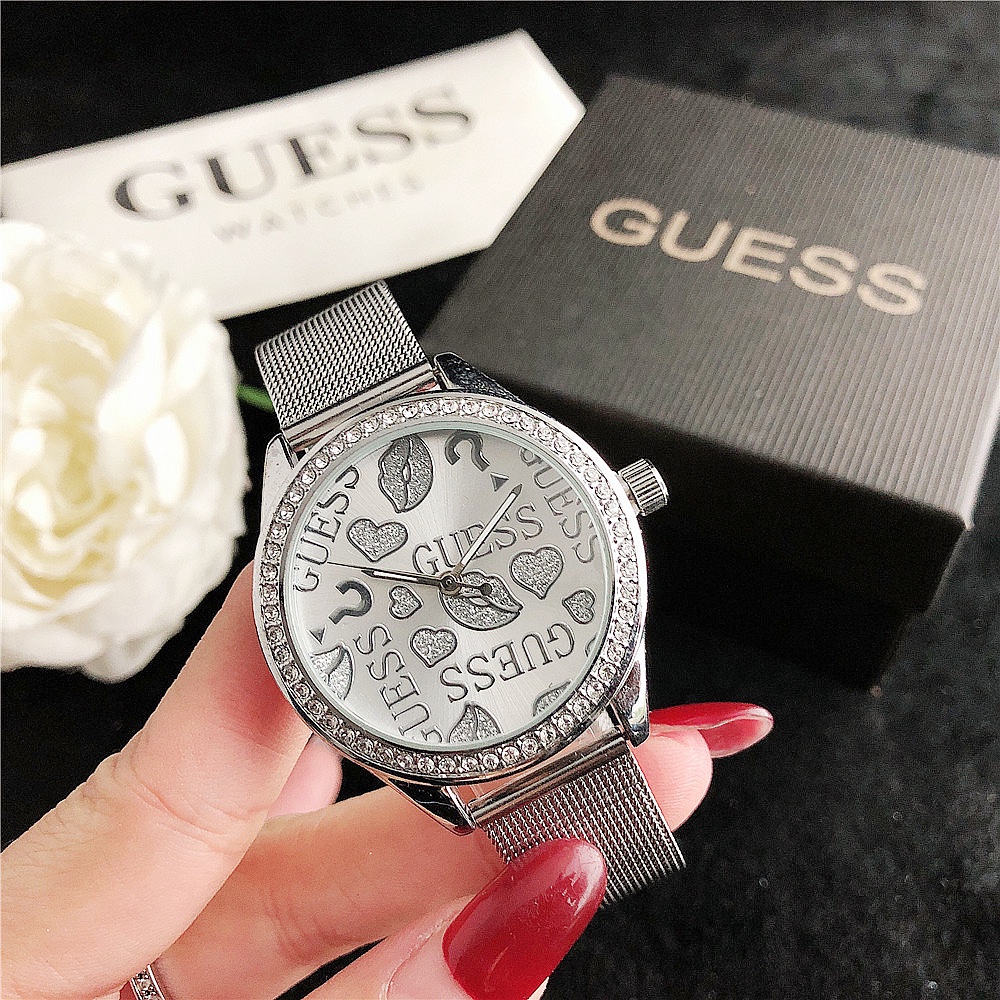 Guess Graffiti Hoa Hồng Vàng Lưới Thép Không Gỉ Dây Đeo Đồng Hồ Nữ Đồng Hồ Thời Trang Thường Ngày