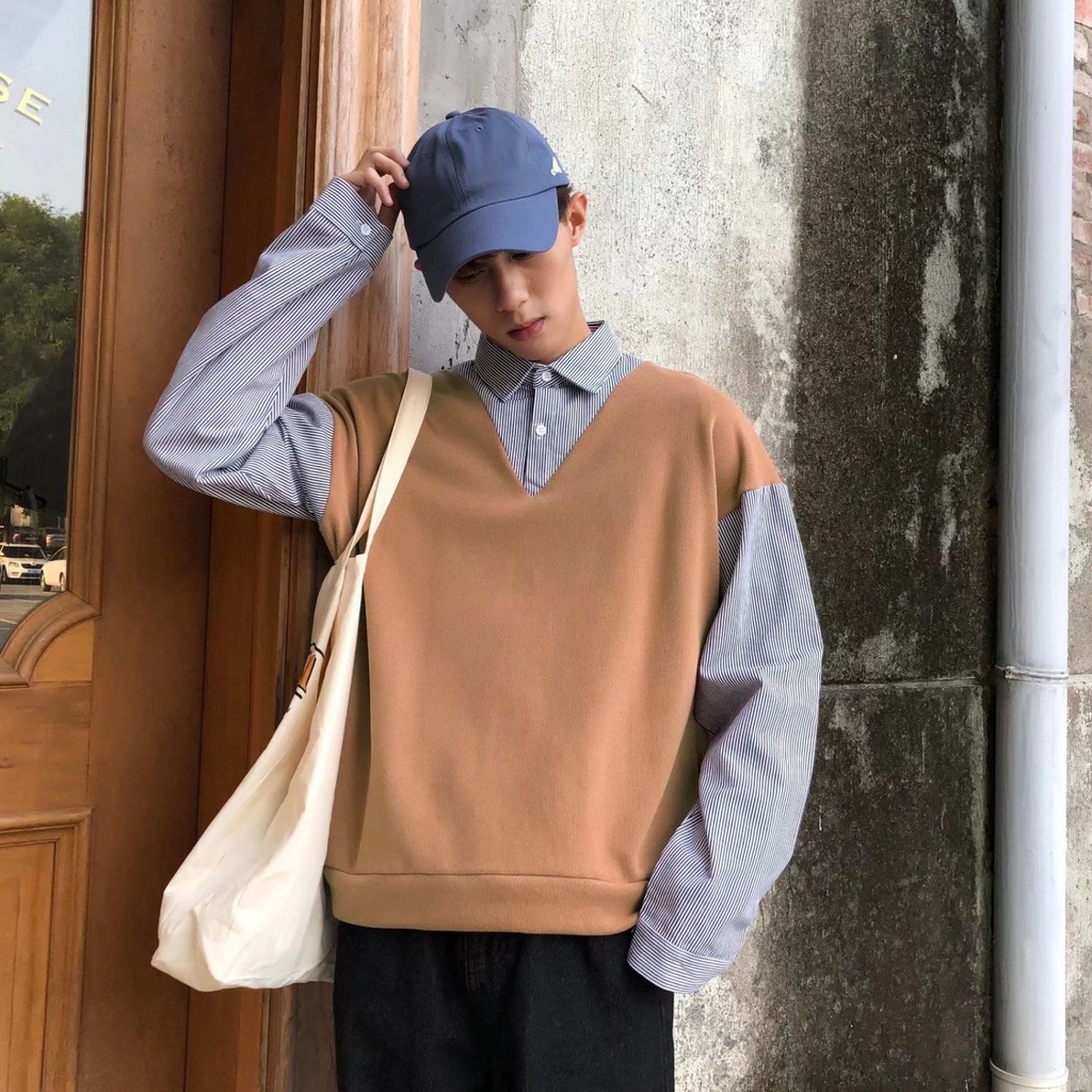 Áo Sweater Giả Hai Lớp Phong Cách Hong Kong Thời Trang Mùa Thu Cho Nam