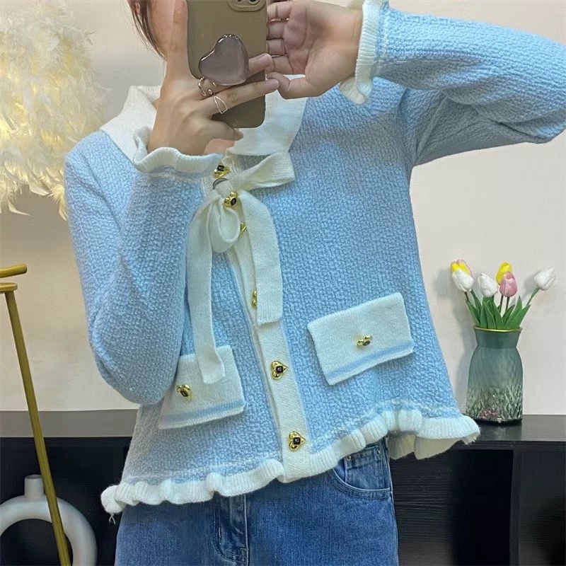 Áo Khoác Cardigan Dệt Kim Phối Nơ Màu Sắc Tương Phản Xinh Xắn Cho Nữ  tao bao