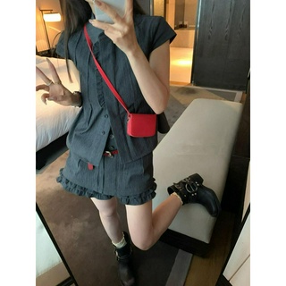 Đêm Hè California Pháp Retro Top Culottes Phù Hợp Với Cao Cấp Niche Slim Tay Ngắn Váy Ngắn Hai-
