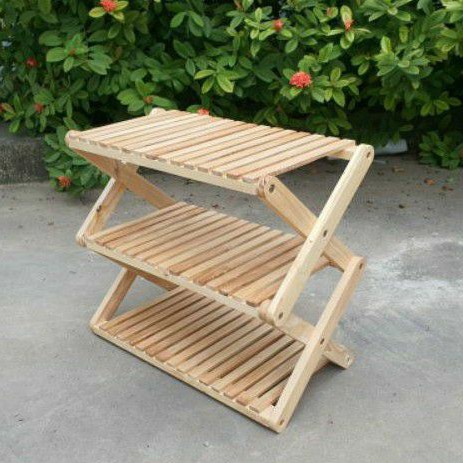 Kệ  Chữ X Đa Năng, Trồng Cây Trang Trí, Để Dép 3 Tầng Bằng Gỗ Cao Su Cao Cấp