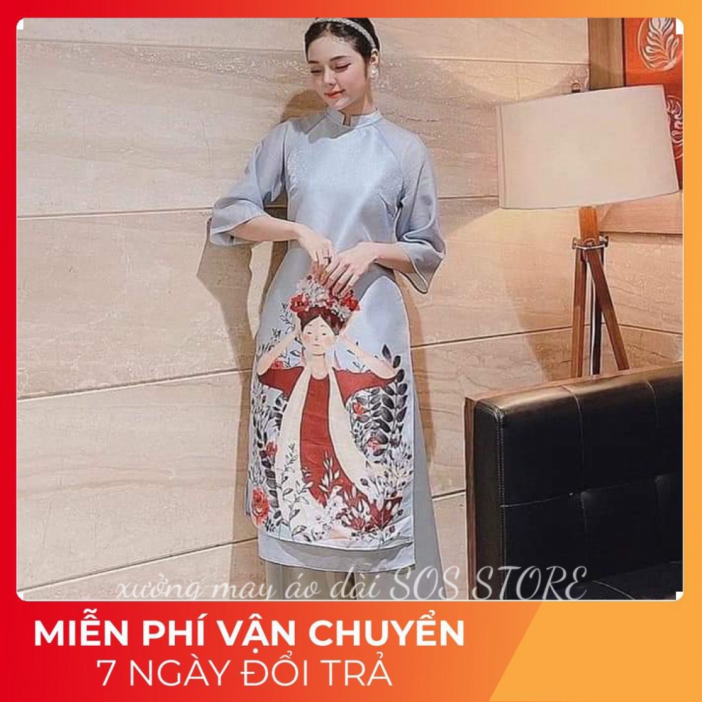 Áo Dài Cách Tân Nữ Mặc Tết Dáng Suông Vải Voan Tơ Hình Cô Gái A02