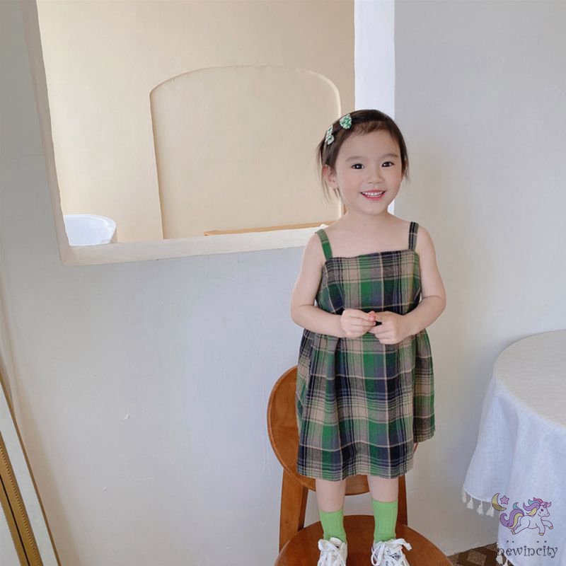 Đầm Sát Nách Kẻ Sọc Caro Phong Cách Hàn Quốc Cho Bé Gái