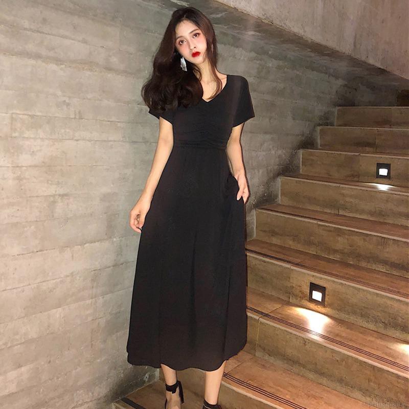 Đầm maxi cổ chữ V màu trơn phong cách Hàn Quốc thanh lịch cho nữ | BigBuy360 - bigbuy360.vn