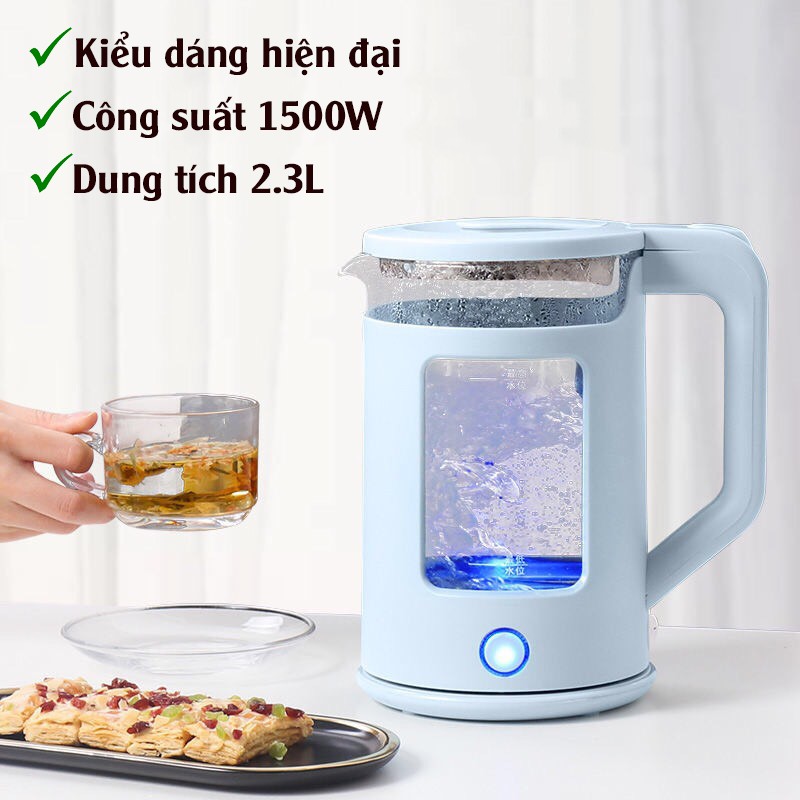 Ấm Siêu Tốc Thủy Tinh Cách Nhiệt - Ấm Đun Nước Thủy Tinh Công Suất 1500W Dung Tích 2,3 Lít - Bảo Hành 6 Tháng