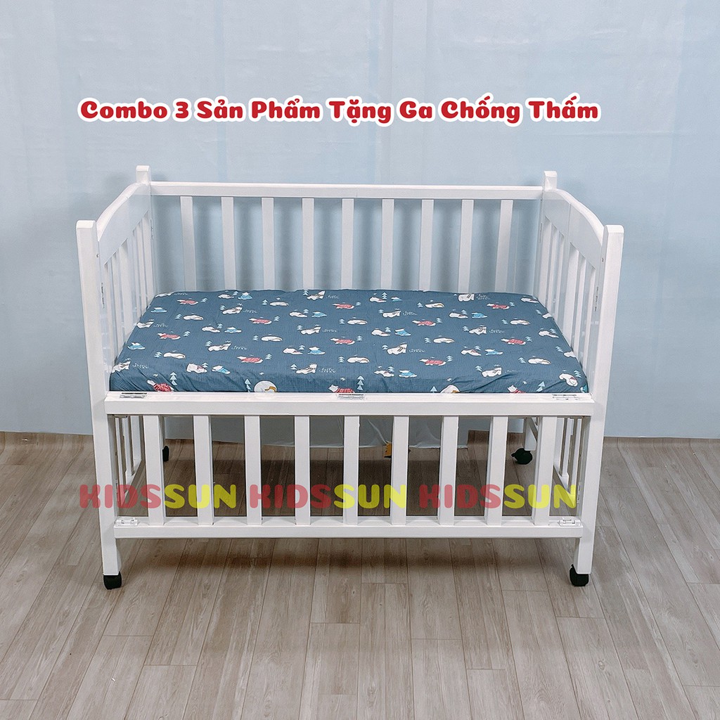 Giường Cũi Trẻ Em KIDSSUN Kích Thước (120x80x86) Gỗ Quế Màu Trắng BH 24 Tháng Hàng Xuất Khẩu