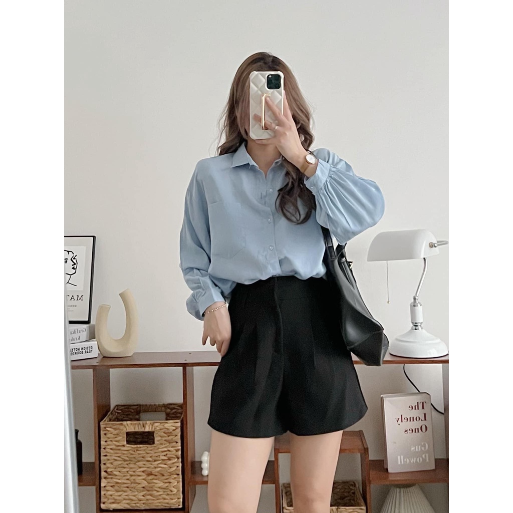 [Ảnh thật/Sẵn] Áo sơ mi trơn form rộng túi ngực tay bồng basic ulzzang