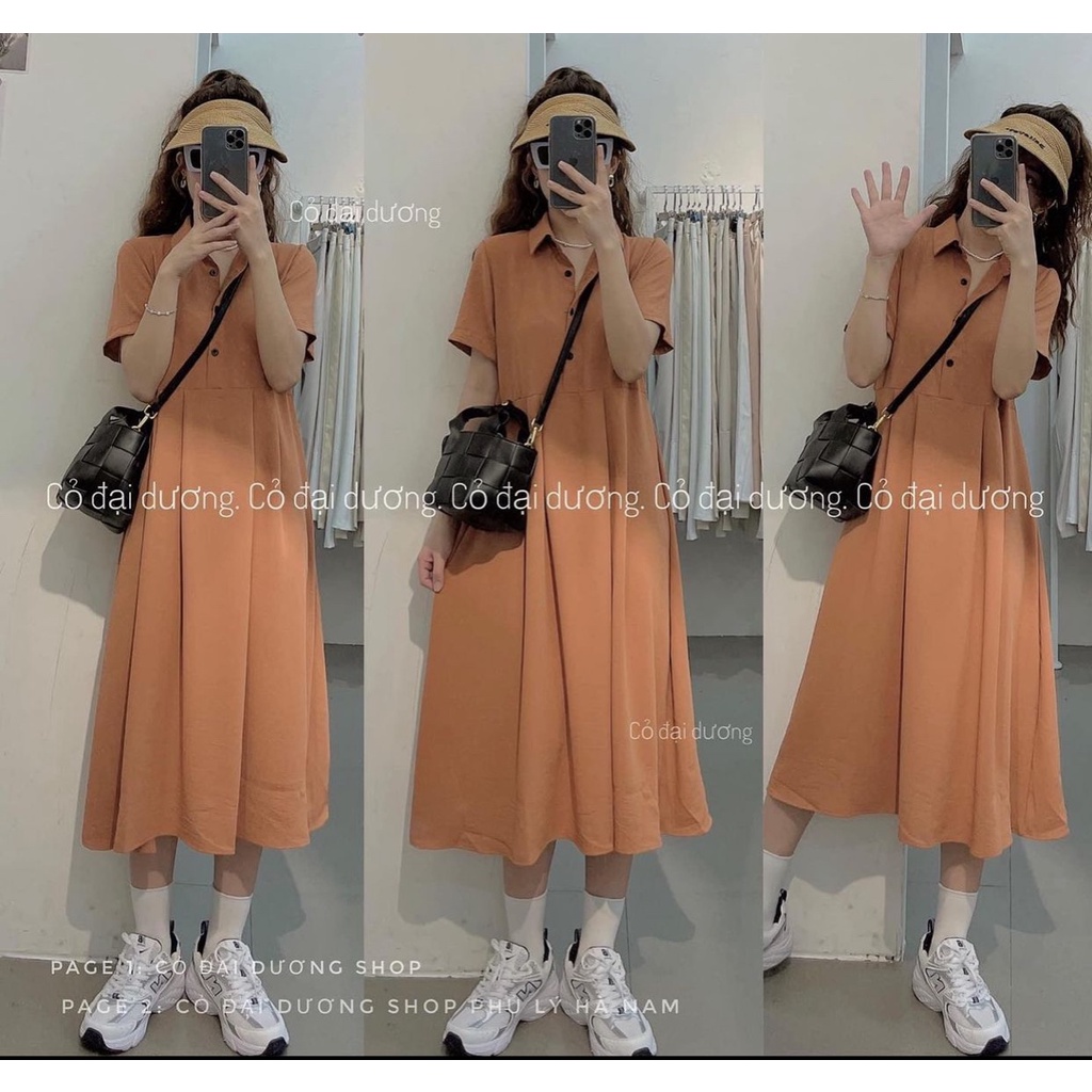 Váy sơ mi nữ xinh V.119, Váy polo cổ đức dáng dài cộc tay cúc ngực xếp ly xòe năng động - Thời trang nữ Chấm Bi