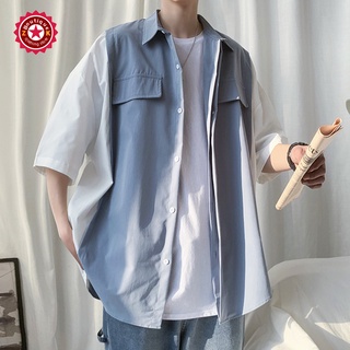 Áo sơ mi tay ngắn giả 2 lớp dáng rộng phối màu tương phản phong cách Hàn Quốc thời trang mùa hè dành cho nam
