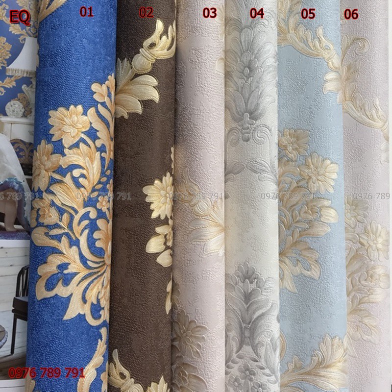 Giấy Dán Tường Đức Cao Cấp, Hoa Văn Châu Âu In Nổi 3D Cho Phòng Ngủ, Khổ 10m x 53 cm, Màu Xanh, Nâu , Vàng, Trắng