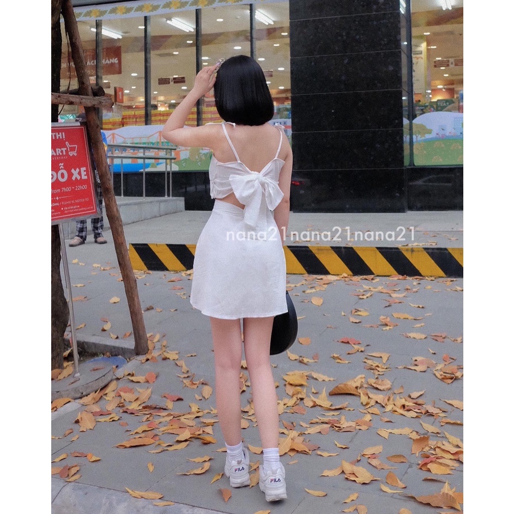 Set áo hai dây nơ và váy , Sét 2 dây thắt nơ sau kèm chân váy ngắn 3 màu  cicidream