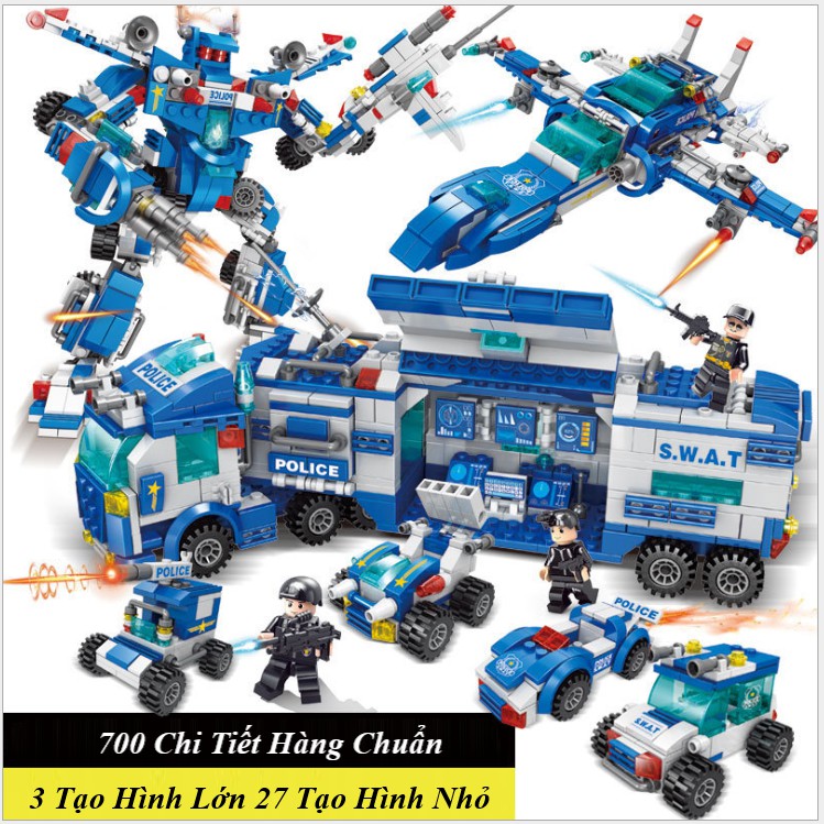 [700 CHI TIẾT] Bộ Đồ Chơi Lắp Ráp Xếp Hình LEGO Xe Cảnh Sát, Máy Bay Chiến Đấu, RoBot Biến Hình, Biệt Đội SWAT