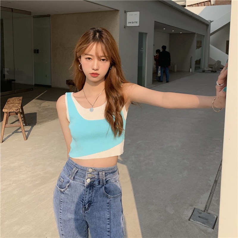 【ZHELIHANGFEI】 / Áo Dệt Kim Sát Nách Giả Hai Mảnh Màu Sắc Phù Hợp Với Nhiều Phong Cách