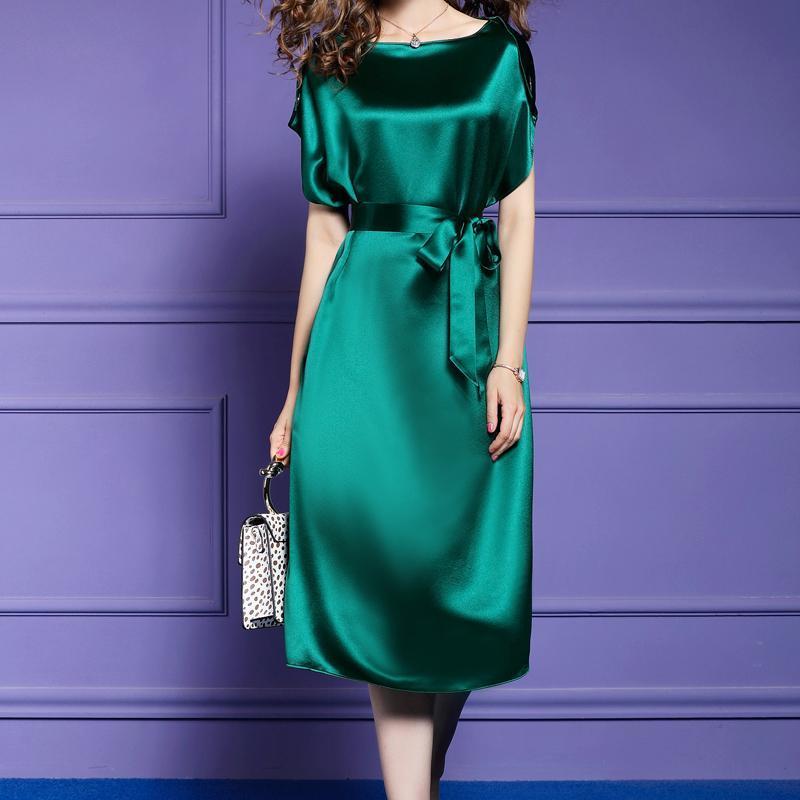 Elegant temperament fiber silk silky smooth satin women's short-sleeved mid-length lace-up summer slim slimming ladies skirt A-line | BigBuy360 - bigbuy360.vn