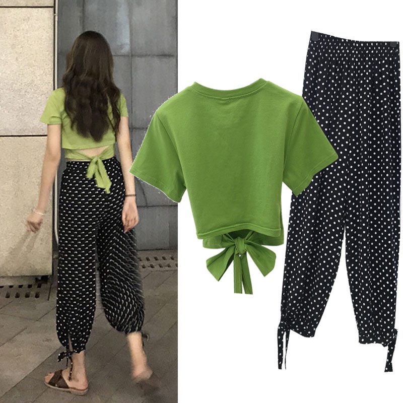 2pcs/women Wave point loose long pants + sexy short sleeve T-shirt | BigBuy360 - bigbuy360.vn