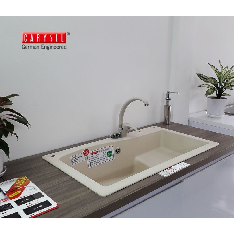 CARYSIL - Chậu Rửa Chén Bằng Đá Granite - Chậu Đơn Có Cánh Chìm SWA1-18 - Màu Vàng Kem - 860x500mm