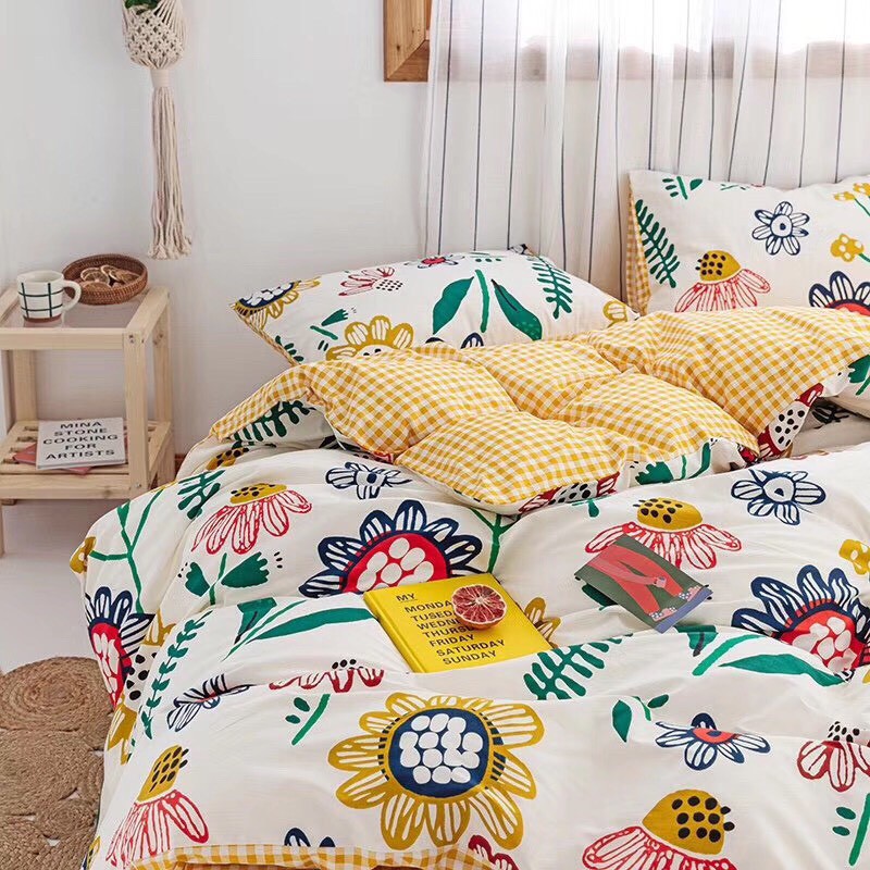 Bộ chăn ga cotton living  100% cotton- mẫu hoa sắc màu