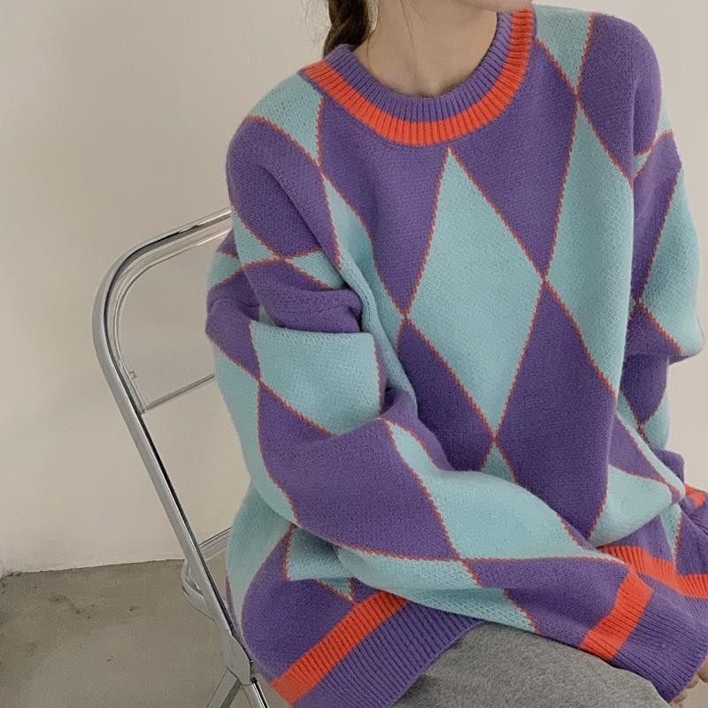 Áo Sweater Dệt Kim Dáng Rộng Màu Sắc Tương Phản Phong Cách Retro Hàn Quốc Cho Nữ 2021 | BigBuy360 - bigbuy360.vn