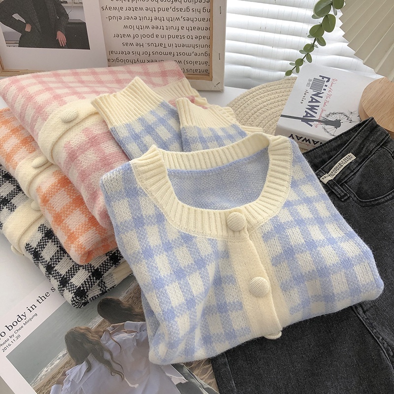 Áo Cardigan Dệt Kim Tay Dài Cổ Tròn Phối Hàng Nút Đơn Phong Cách Retro Hàn Quốc