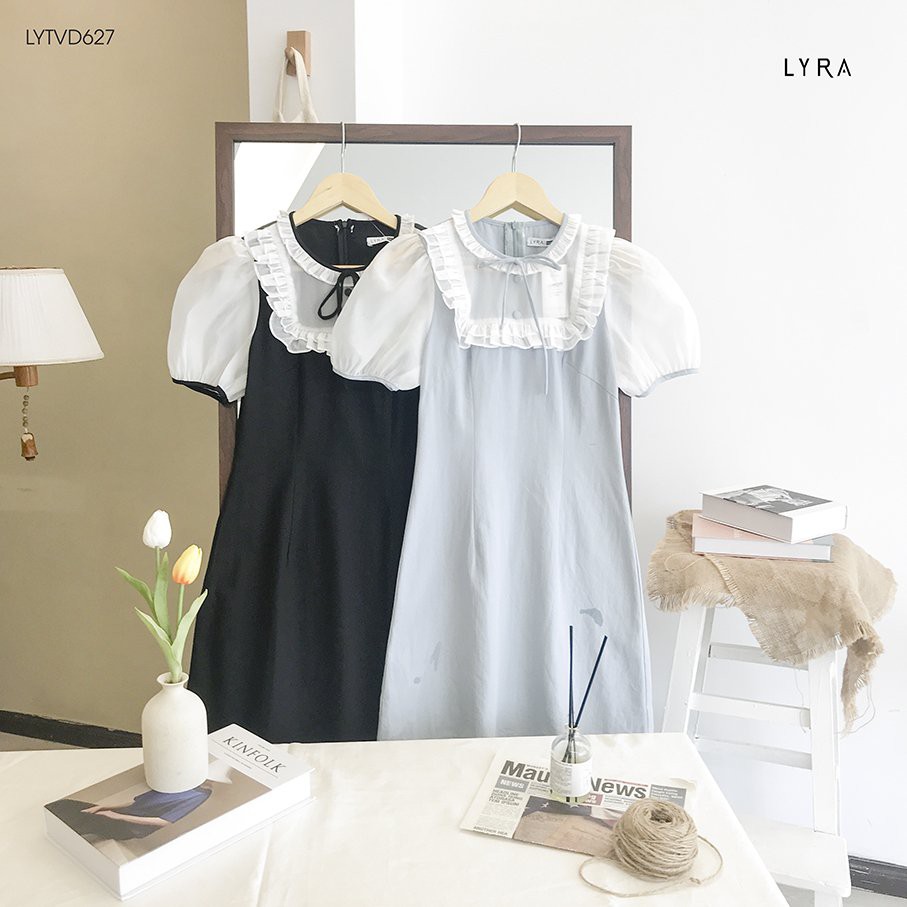 Váy thiết kế cố tròn viền yếm phối tơ LYRA, dáng xòe cách điệu xinh xắn nữ tính-LYTVD627 | BigBuy360 - bigbuy360.vn