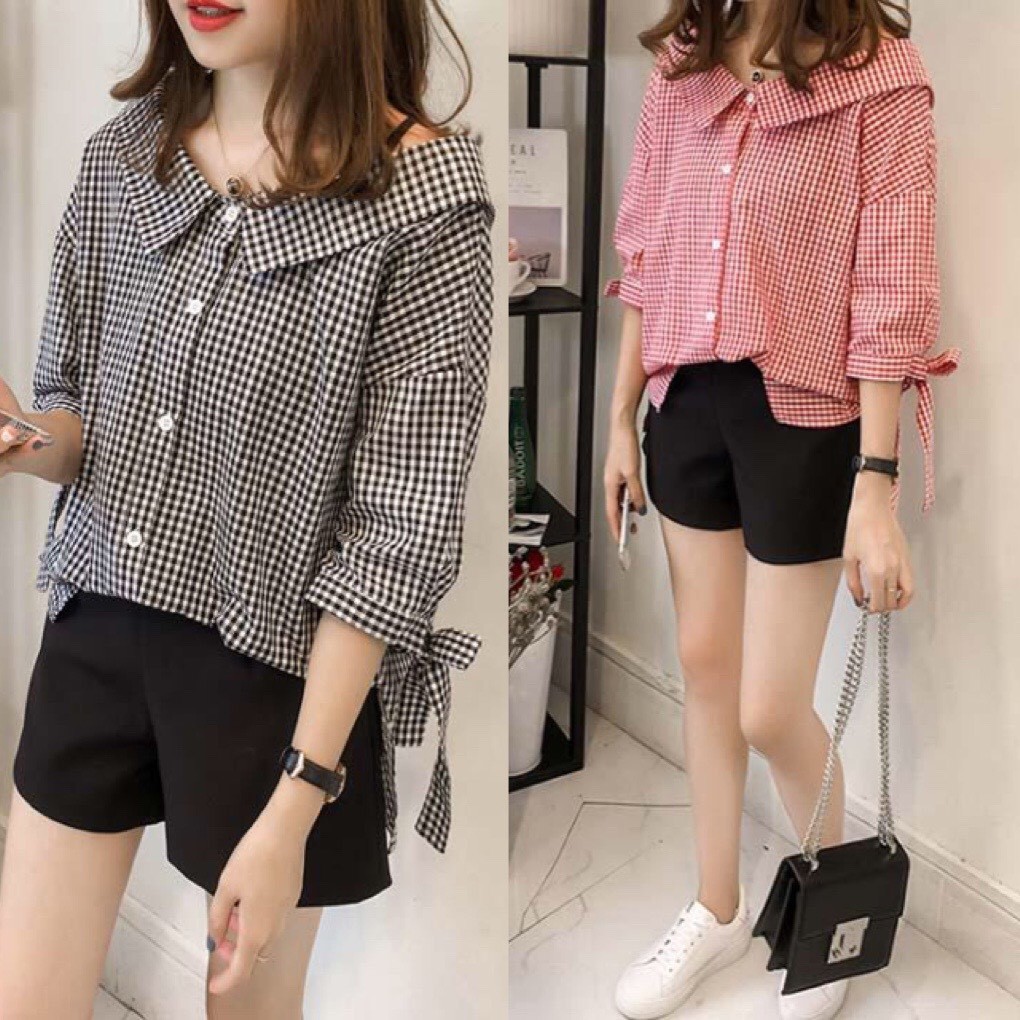 Áo sơ mi nữ công sở đẹp form rộng họa tiết caro tay lửng có size m đến 4xl